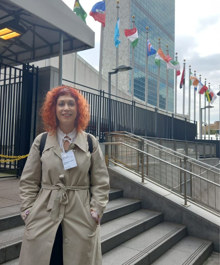 Ismene Gizelis standing outside UN HQ in New York