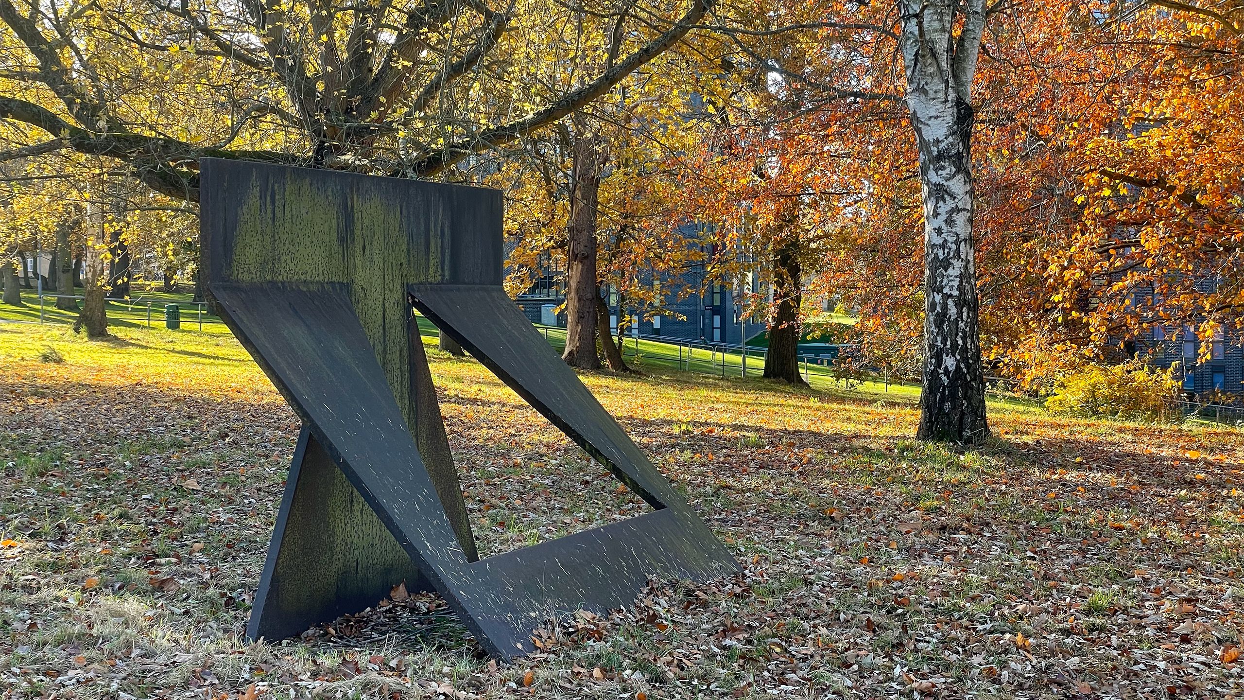 A square metal sheet with a triangular hole where a plate has been bent out nestles among parkland trees.
