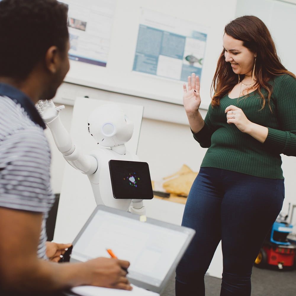 Student talking into a microphone