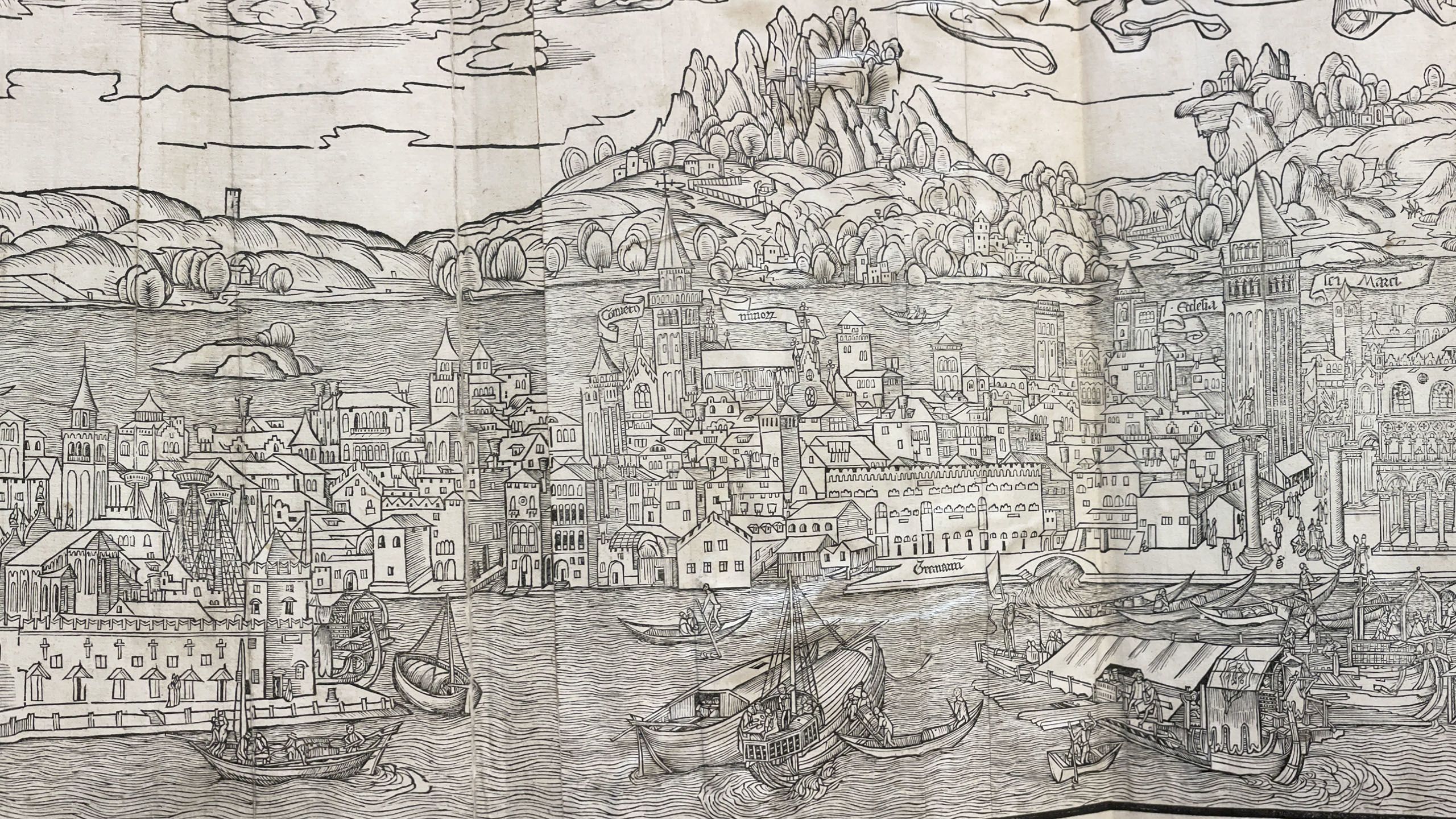 An extensive line drawing of Venice in 1490.