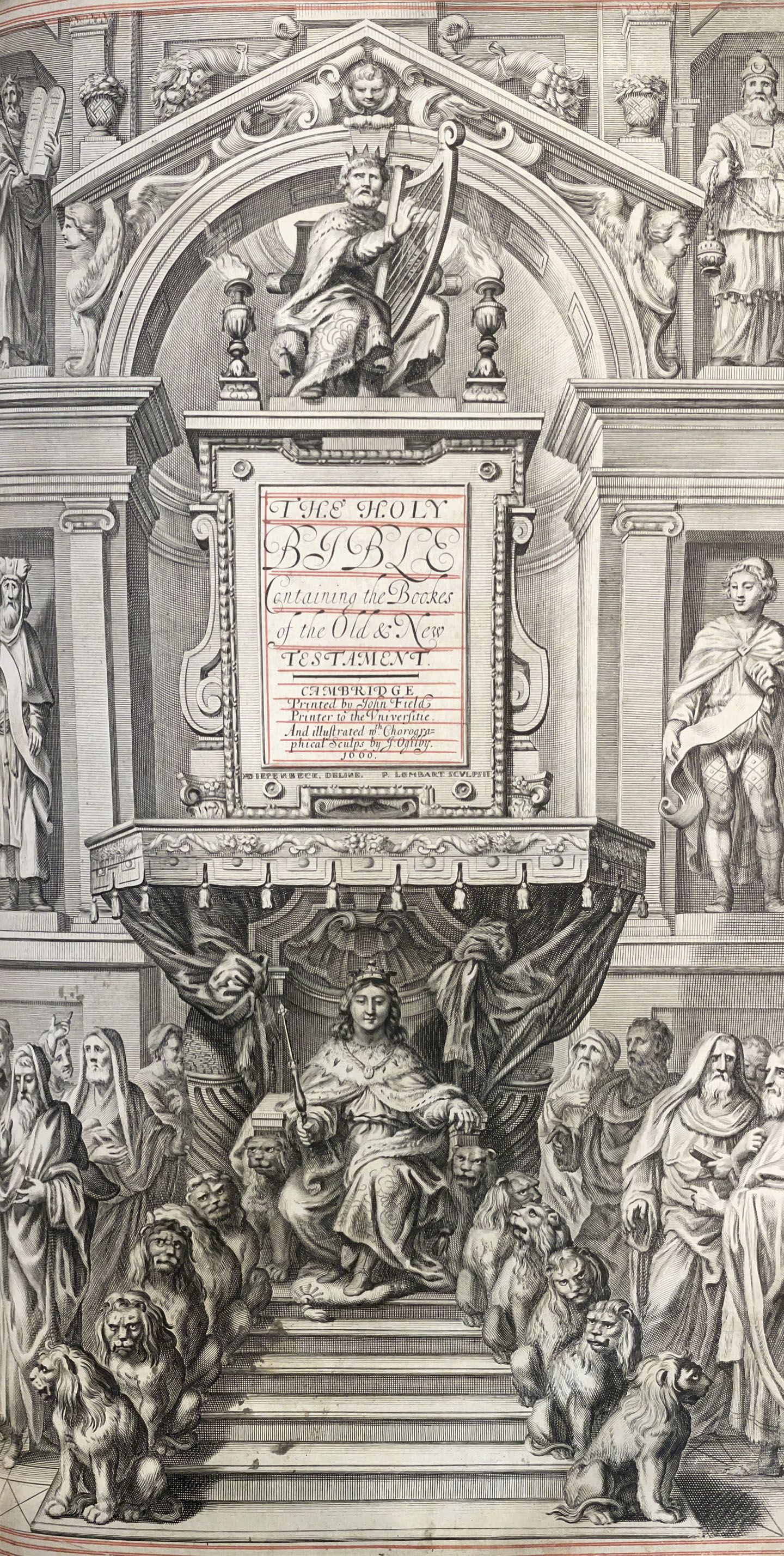 A richly drawn title page for this 1660 Bible depicting King James on the throne surrounded by twelve lions as well as bearded men.
