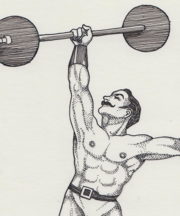 A tattoo design by Mr Sebastian of a naked, male weightlifter holding a dumbbell above his head, courtesy of the Bishopsgate Institute