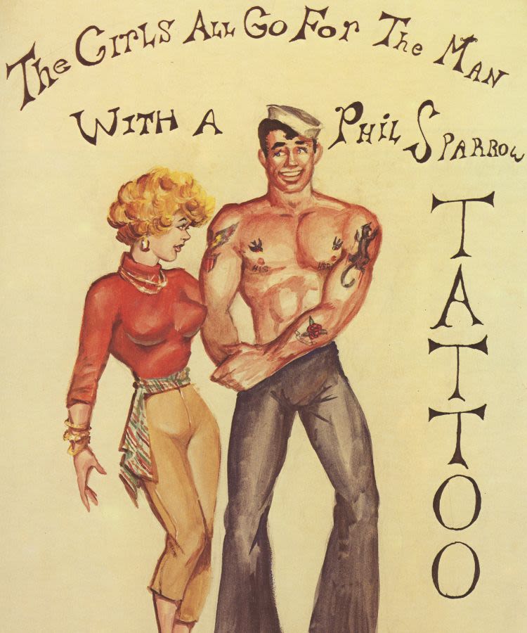 An advertising flyer, showing a young woman swooning over a tattooed, muscular man wearing jeans and a sailor's hatcourtesy of the Body Piercing Archive