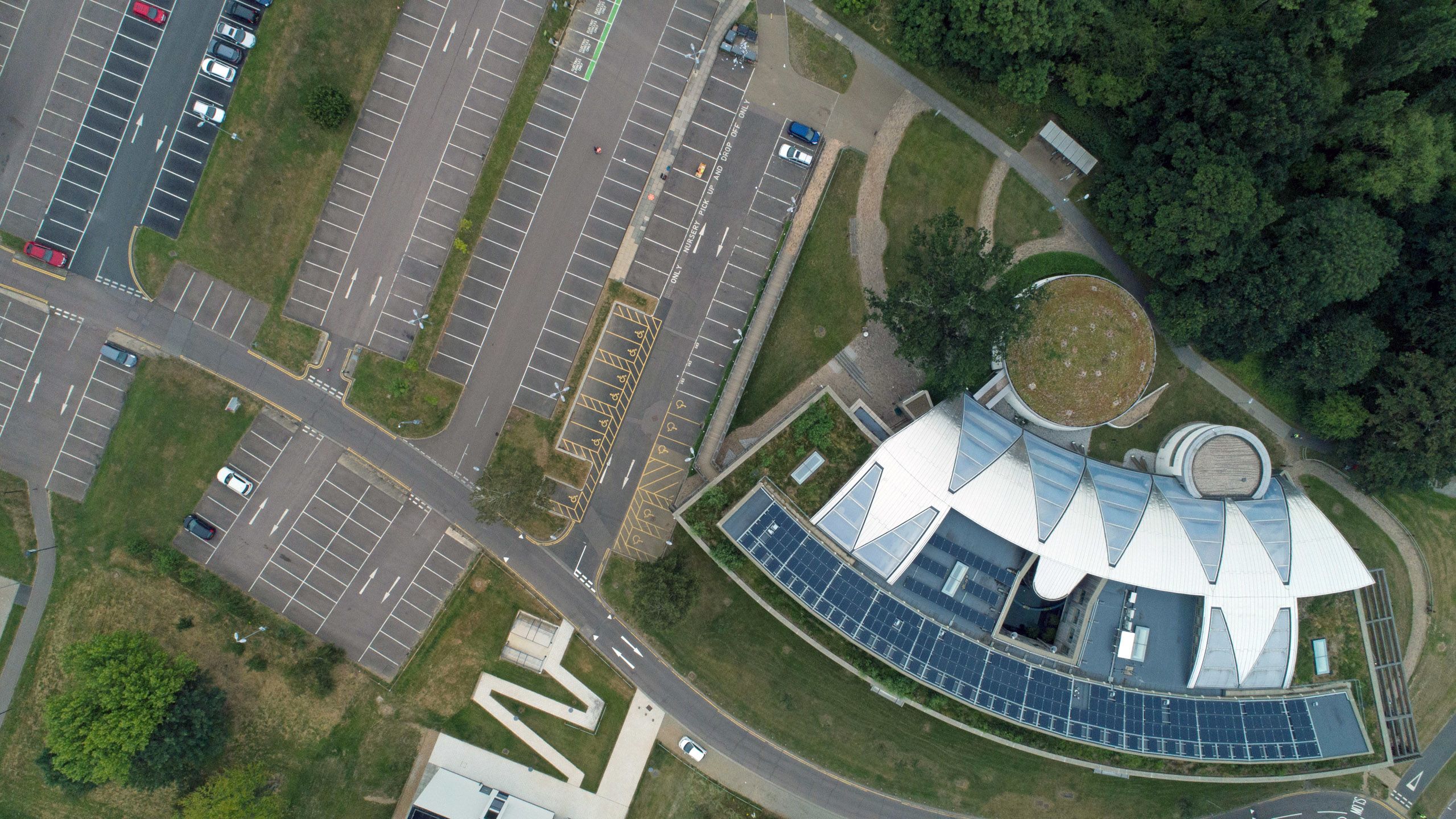 An overhead drone photo of Essex Business School.