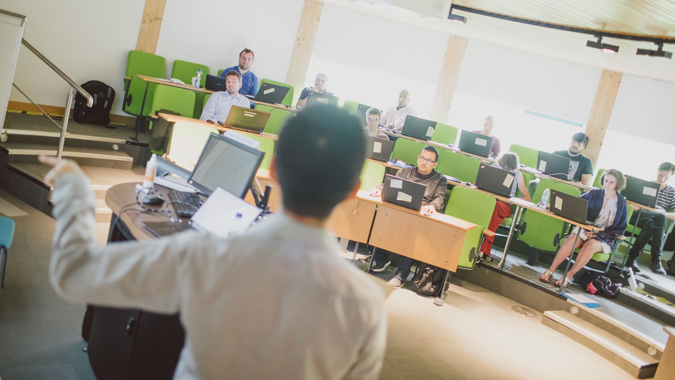 Student talking into a microphone