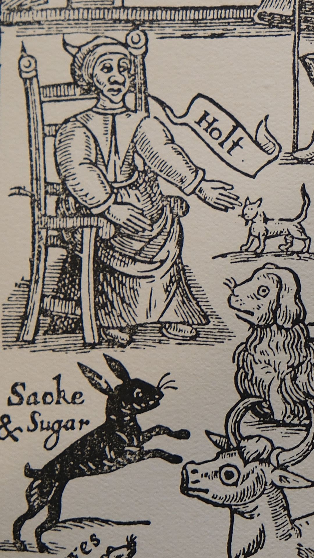 A close up of an accused witch from the illustrated front plate from The Discovery of Witches, by Matthew Hopkins