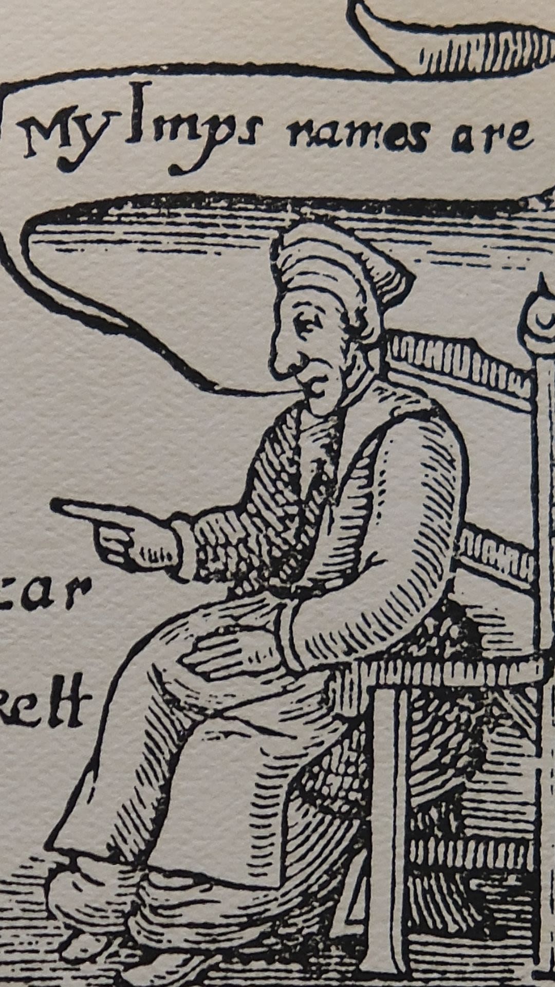 A close up of an accused witch from the illustrated front plate from The Discovery of Witches, by Matthew Hopkins